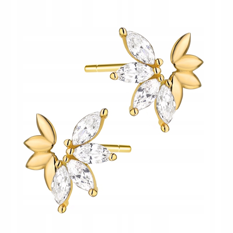 Zlaté Náušnice pr. 585 Markýza Květinka s bílými zirkony 14k Dýka