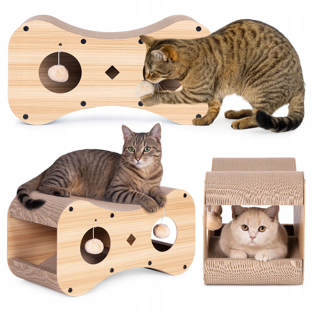 Levně Kartonové škrabadlo pro kočky, budka, kartonový domeček, pelíšek se závěsným čerpadlem