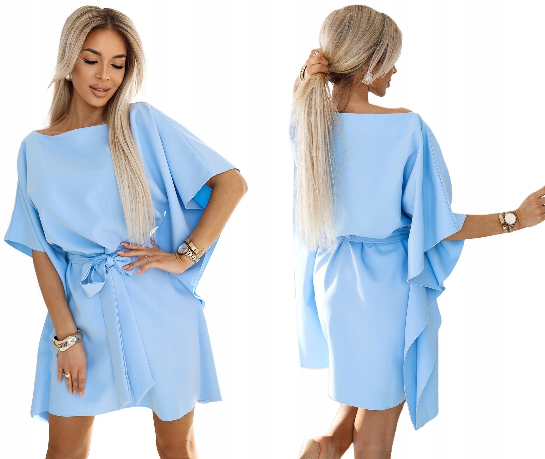 Volné Vázané Šaty Motýl Asymetrické Rukávy Pastelově Světle Modrá S/m