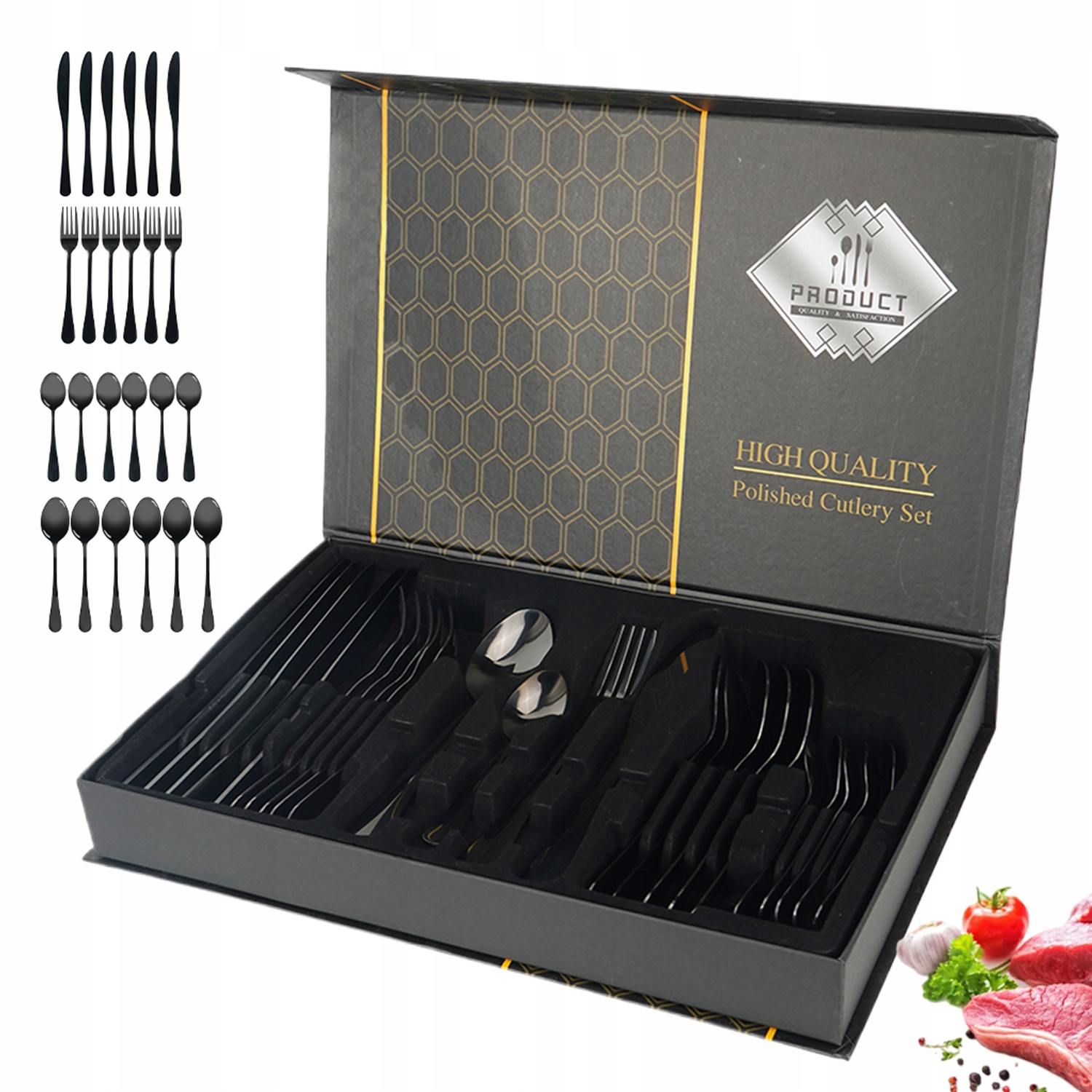 Zlaté Příbory 24 Kusů Nerezová Ocel Obědový Set Pro 6 Osob