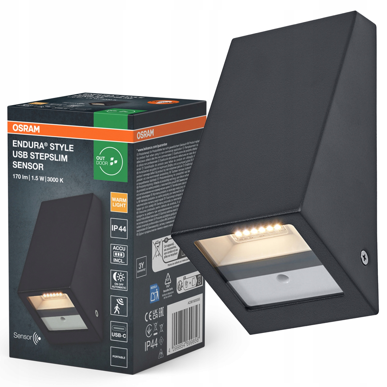 Zahradní Led nástěnné svítidlo se senzorem pohybu a soumraku 1.5W 120lm 3000K IP44