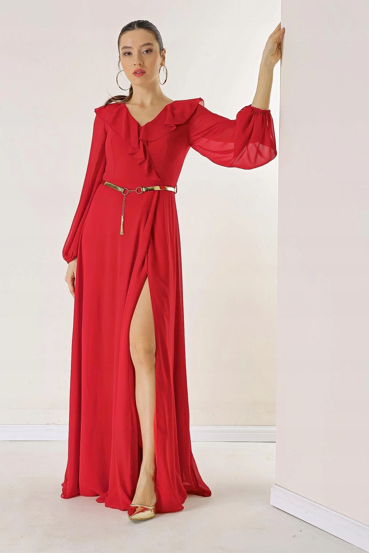 Červené Šaty S Volánem A Rozparkem, Dlouhé, 2XL, 5GA