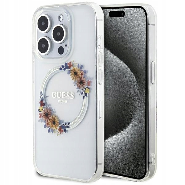 Guess IML Flowers Wreath MagSafe – Pouzdro pro iPhone 15 Pro (průhledný)