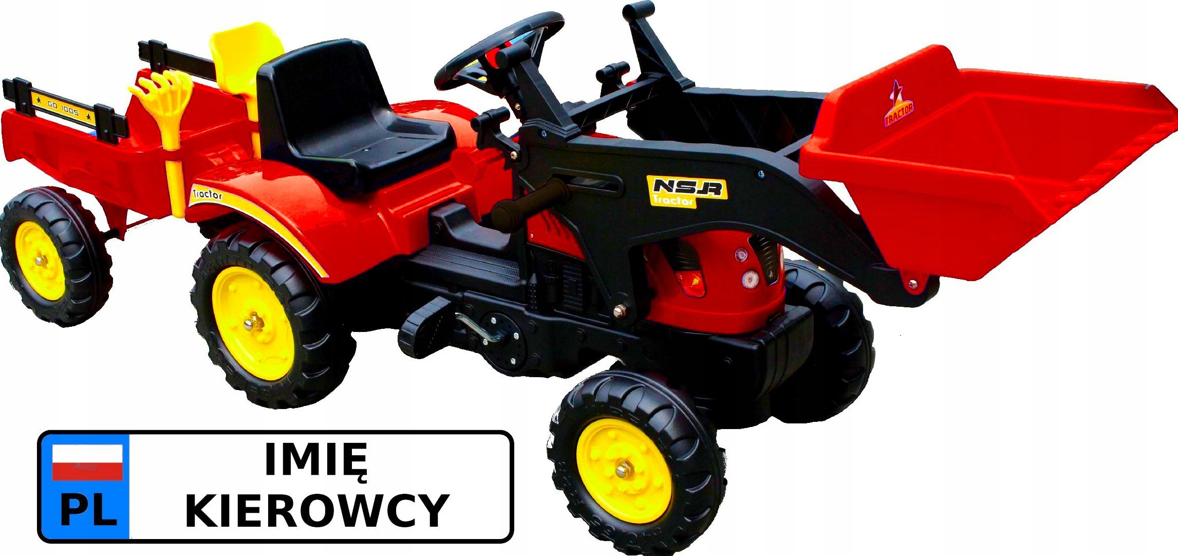 Traktor na pedały z przyczepą i ładowaczem 167cm +tablica z imieniem