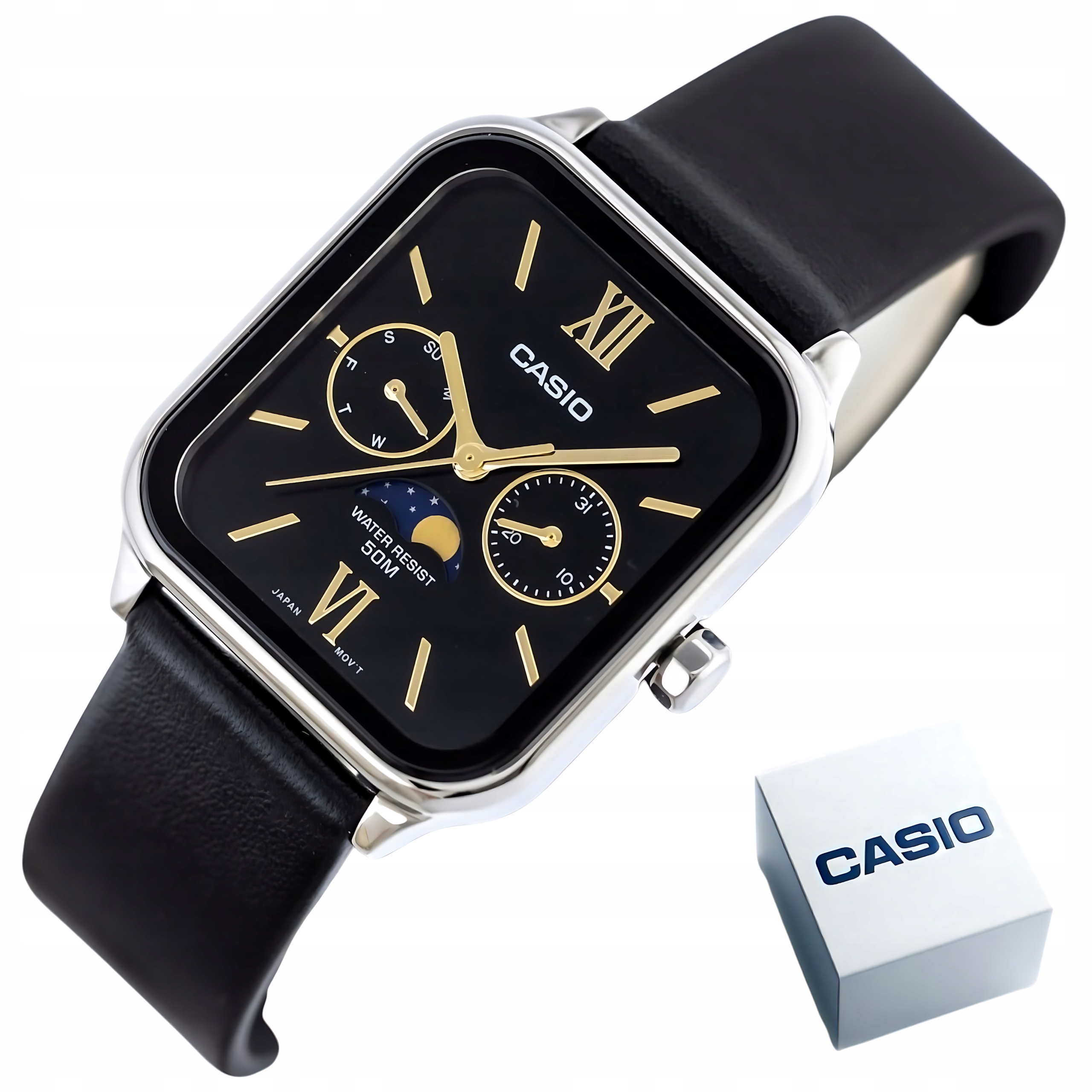 Pánské Hodinky Casio MTP-M305L-1A2 Fáze Měsíce Kůže Ocel WR50 Krabička
