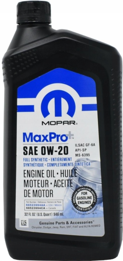 

Mopar 0W20 Maxpro+ MS-6395 GF-6A Api-sp 0,946L