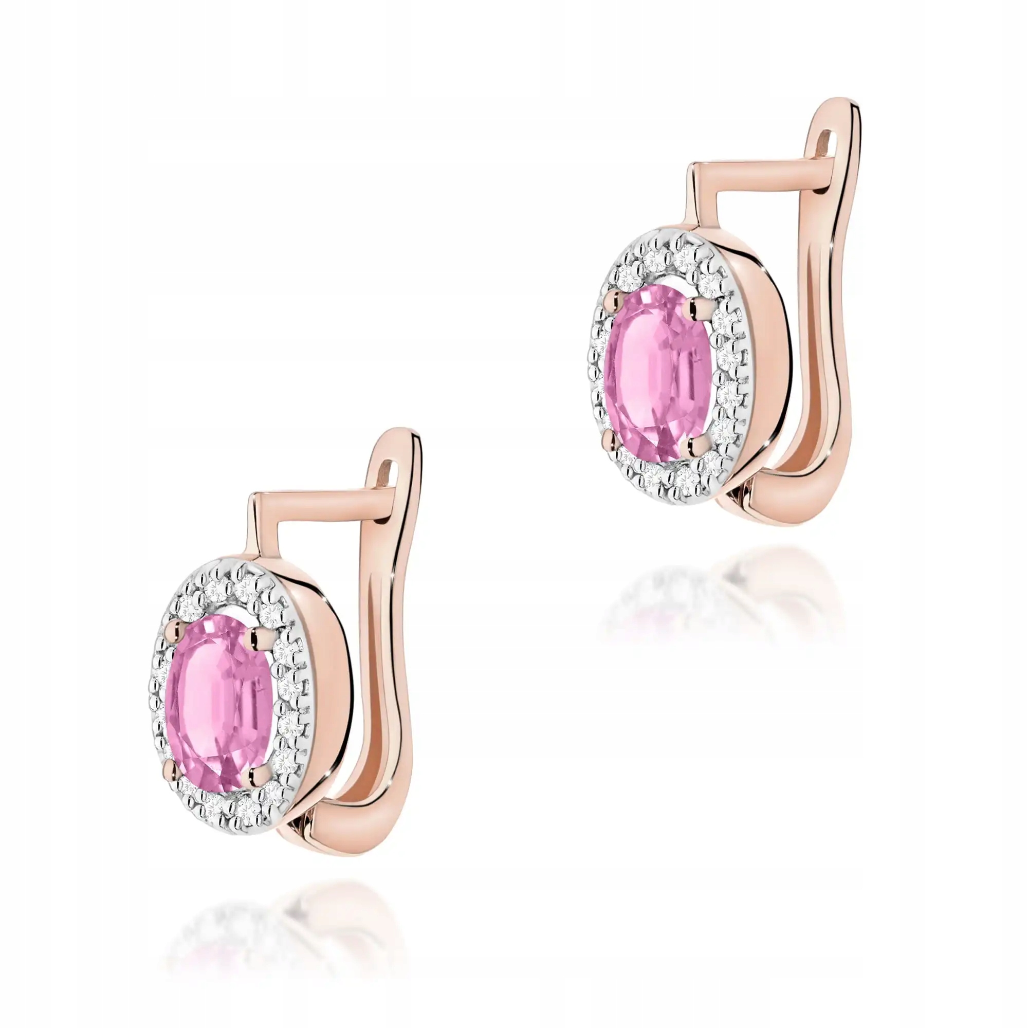 Dámské zlaté náušnice 585 s růžovým safírem a diamanty, elegantní jako dárek