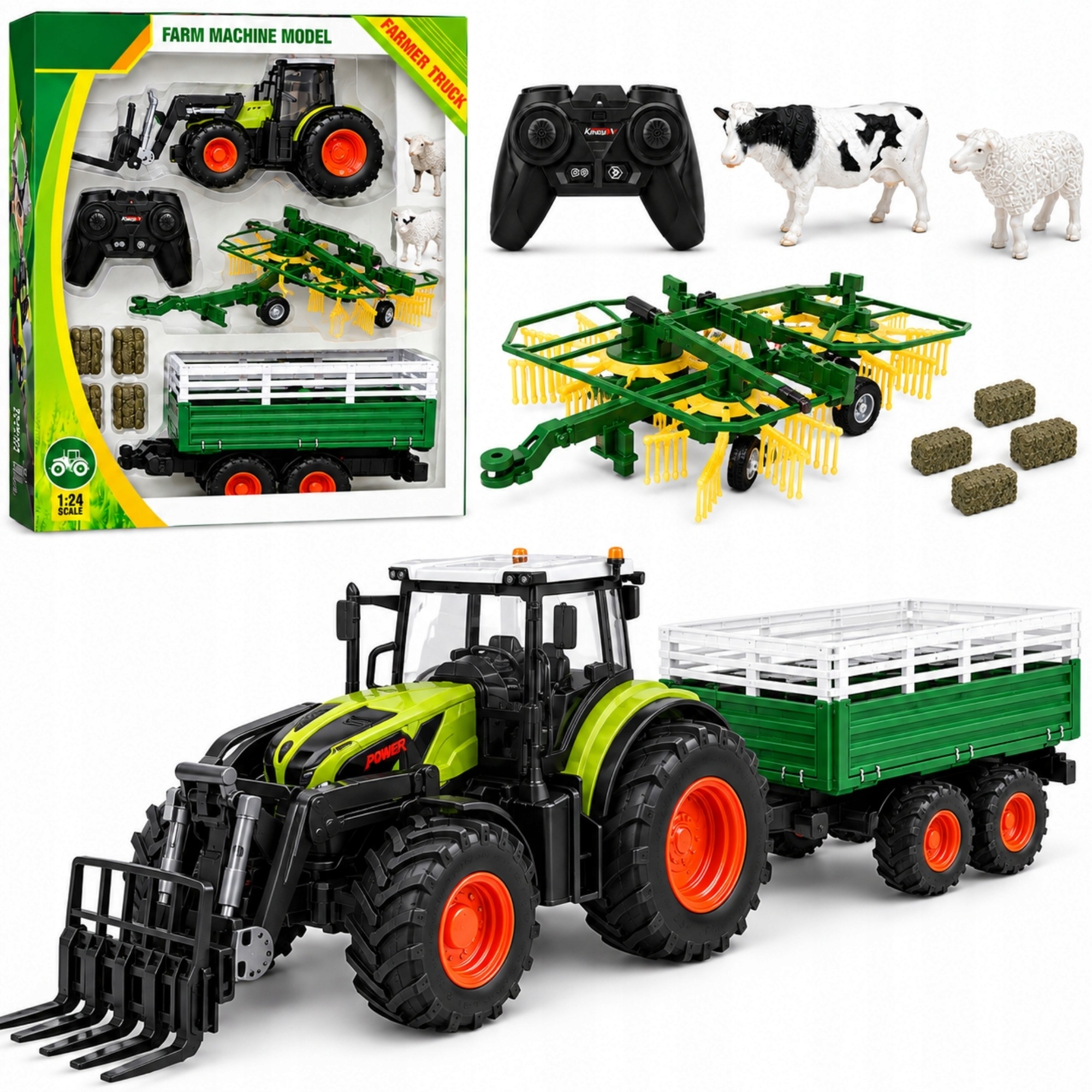 Traktor Zdalnie Sterowany Przyczepa Zgrabiarka 4w1 1:24 Farma Krowa Owca