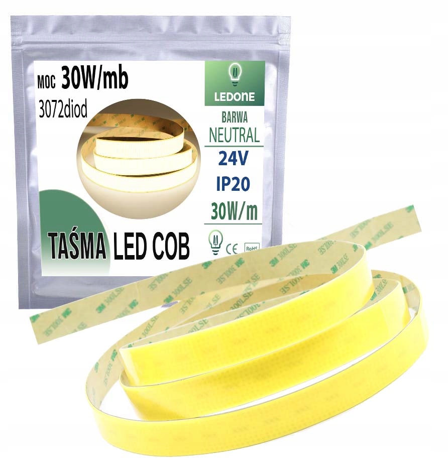 Led Páska Cob 24V výkonná 30W/m 3770lm/m Neon linka Široká neutrální 5m