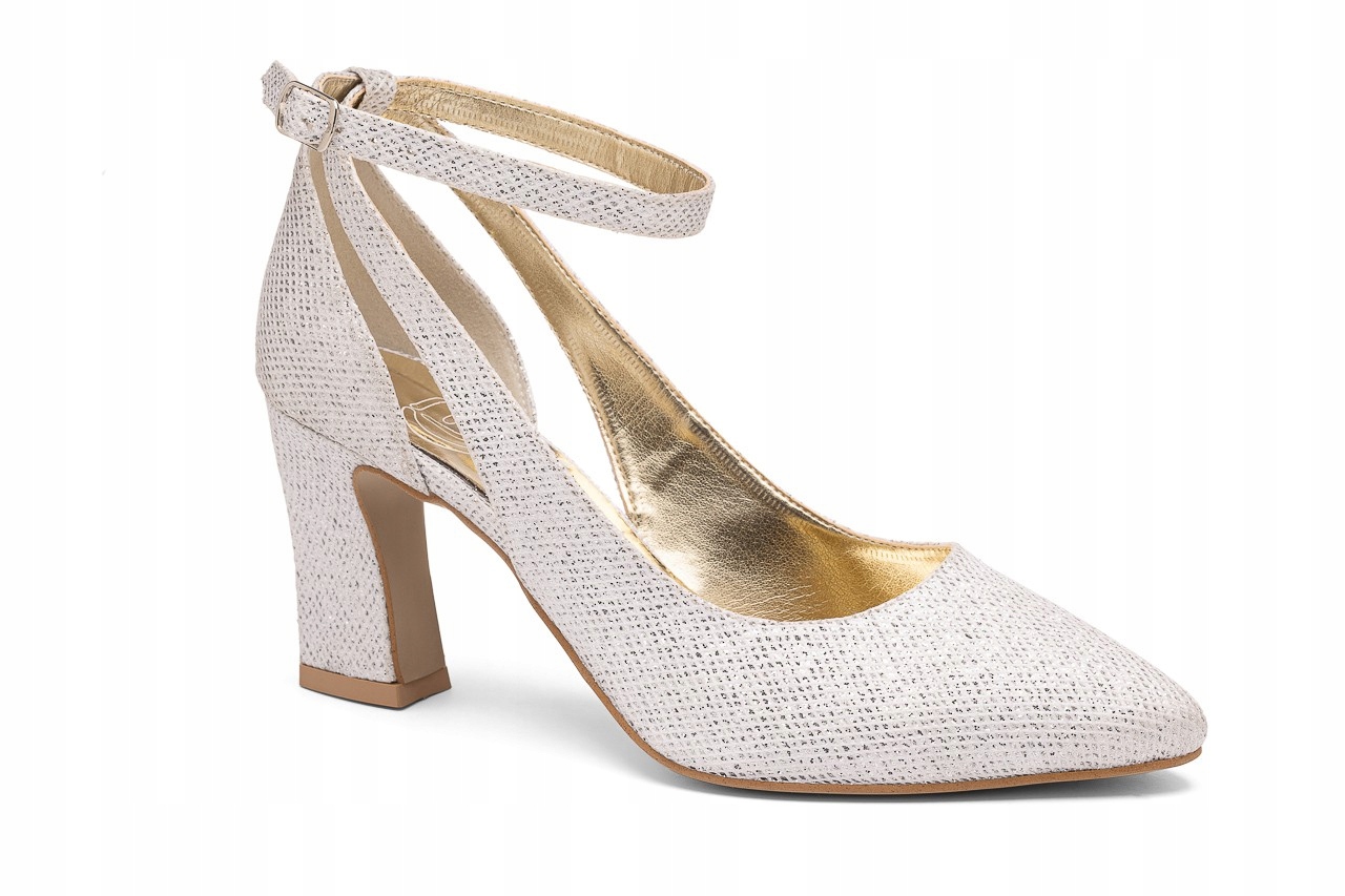 Brokátové lodičky s páskem kolem kotníku, stabilní, stříbrné, Mila 39