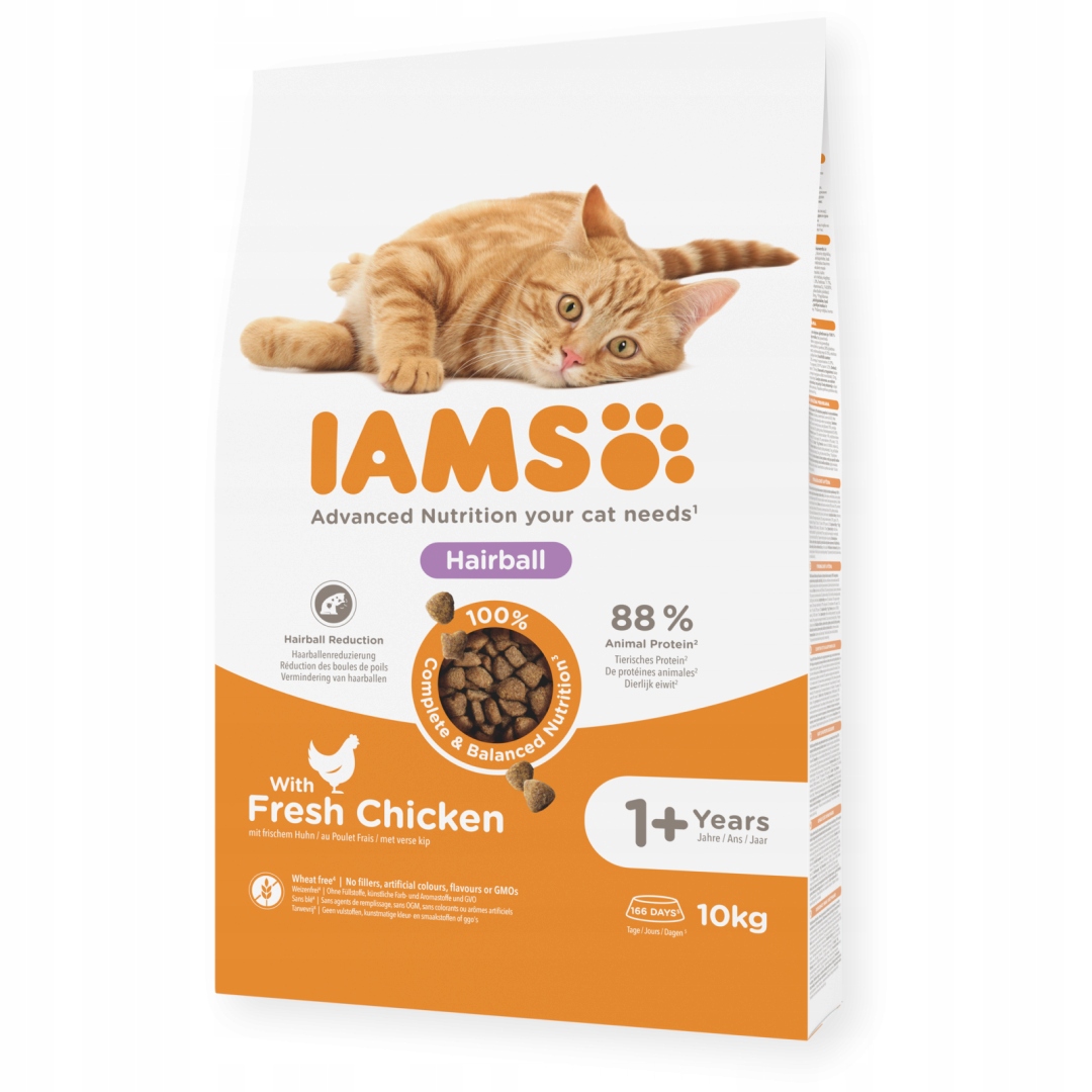 Levně Iams for Vitality Hairball 10kg Suché Krmivo pro kočky s čerstvým kuřecím masem