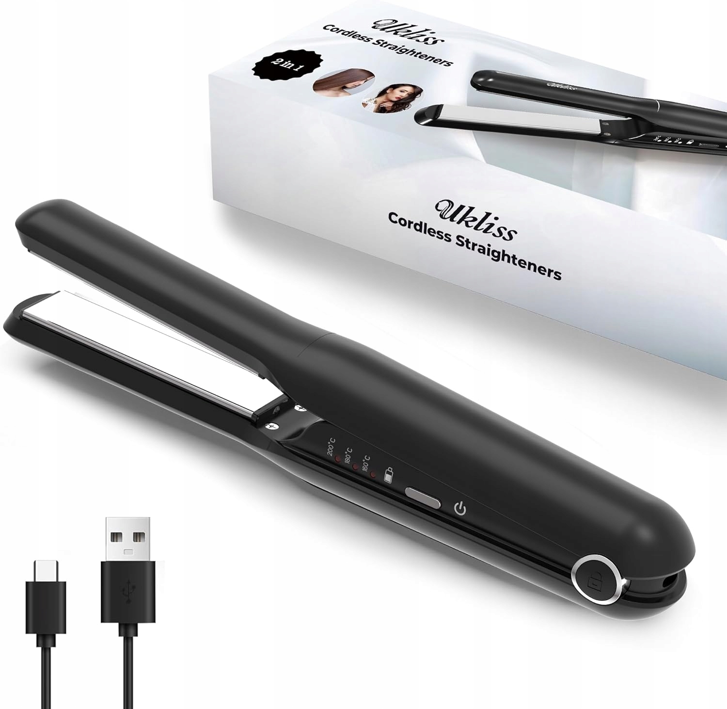 Žehlička Na Vlasy keramická kulma Ukliss bezdrátová 3 teploty 4000 mAh černá