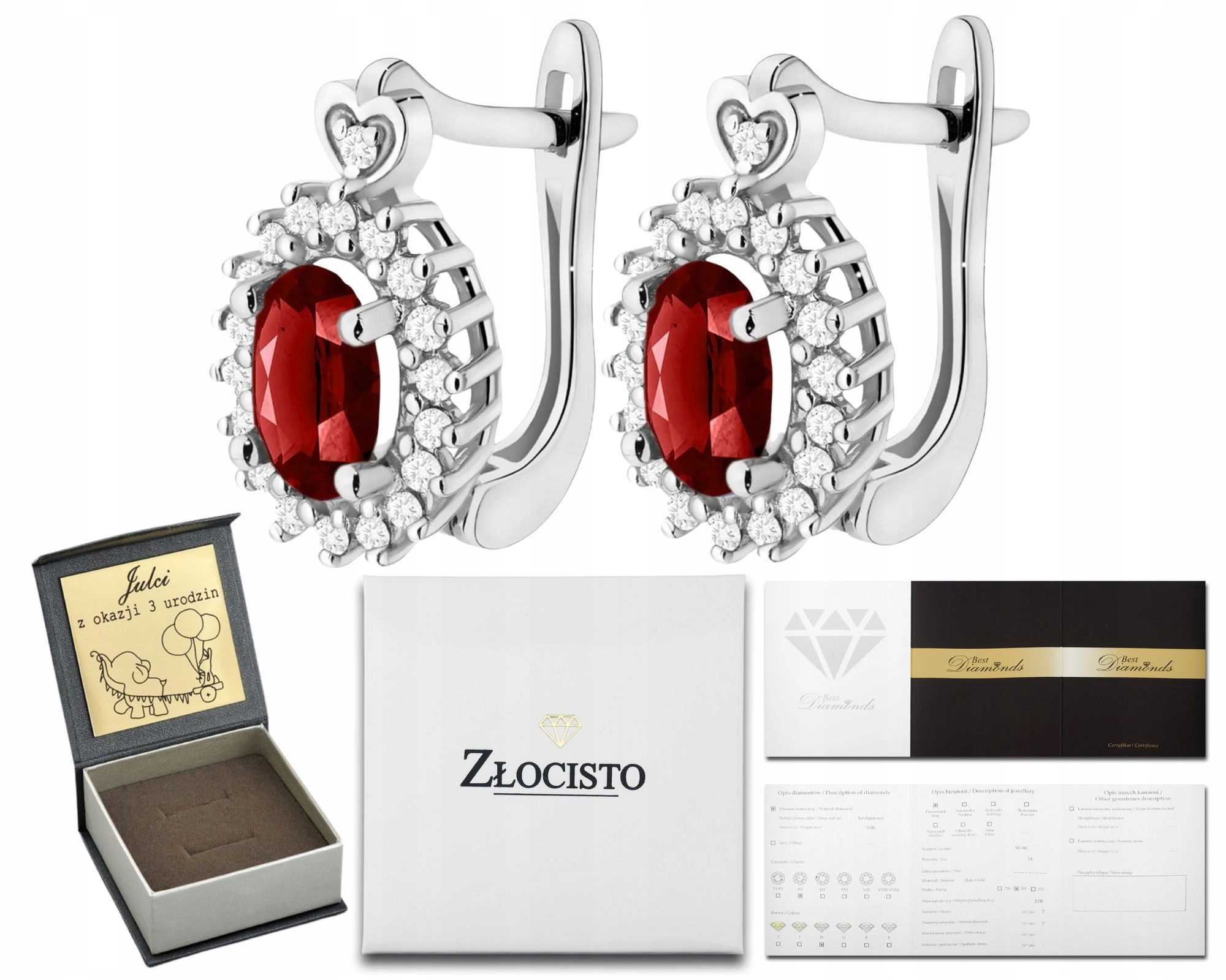 Bílé Zlato Náušnice S Granátem A Diamanty Zlato 585 Anglické Zapínání