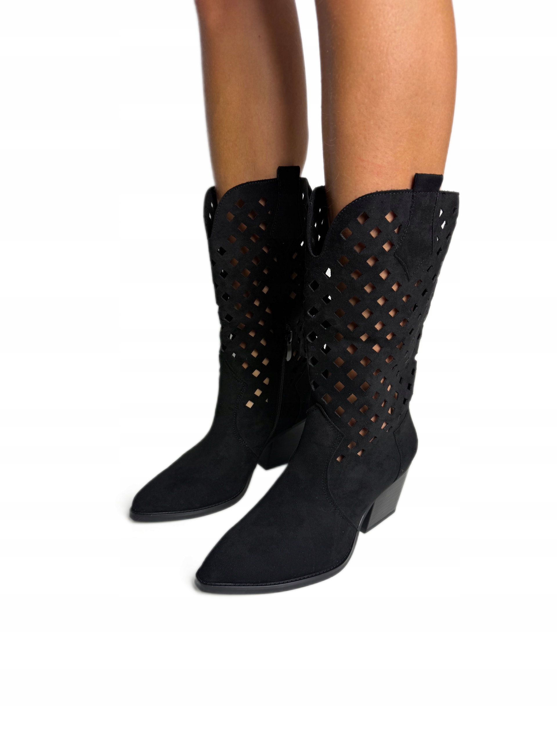 Kovbojské Boty dámské černé ažurové kozačky na zip velikost 40