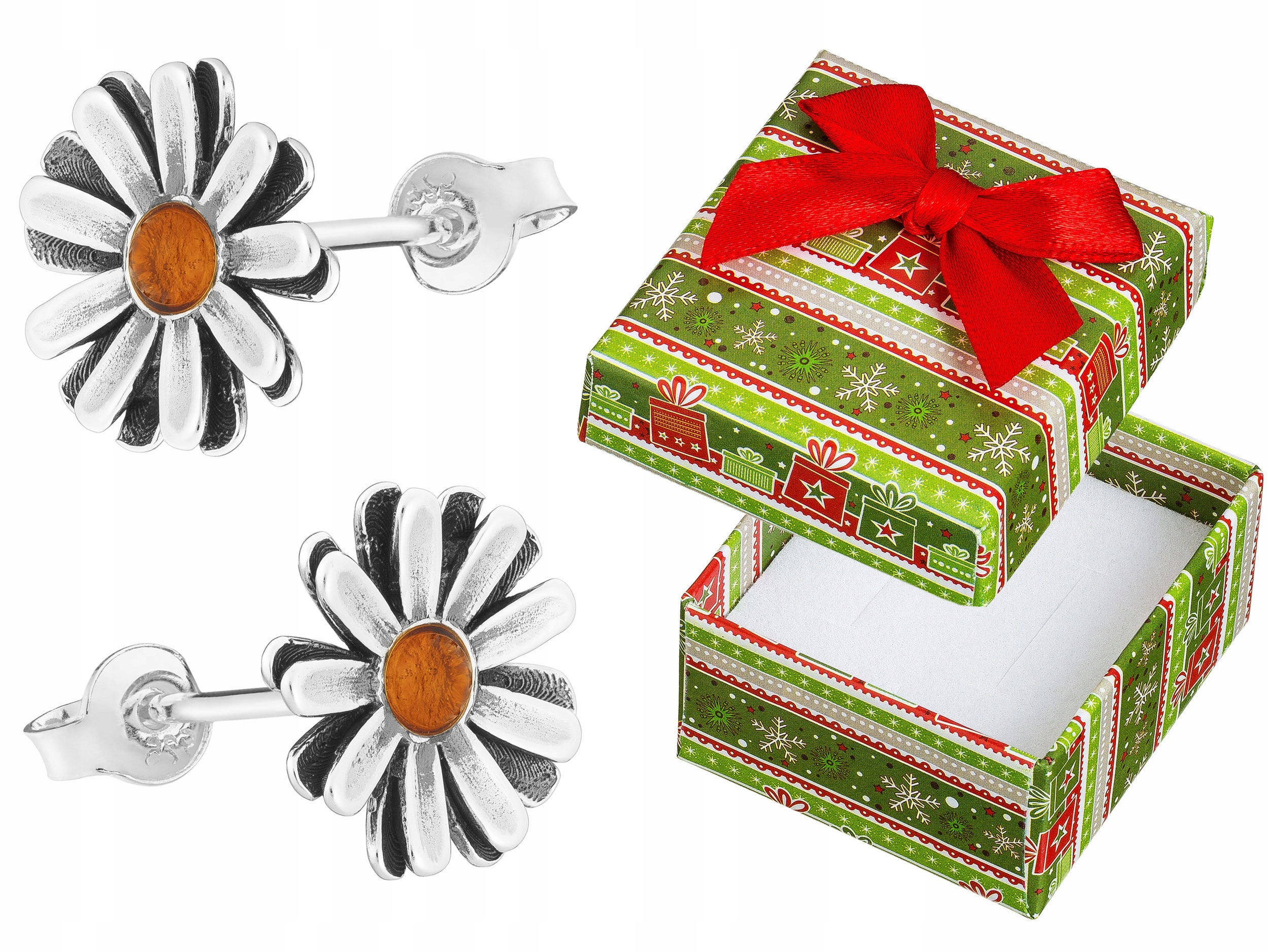 Stříbrné Náušnice Šroubky Květiny s jantarem Oxidované sedmikrásky Tužky