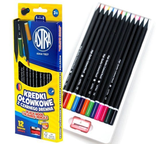 ASTRA KREDKI OŁÓWKOWE 12 kolorów, czarne drewno