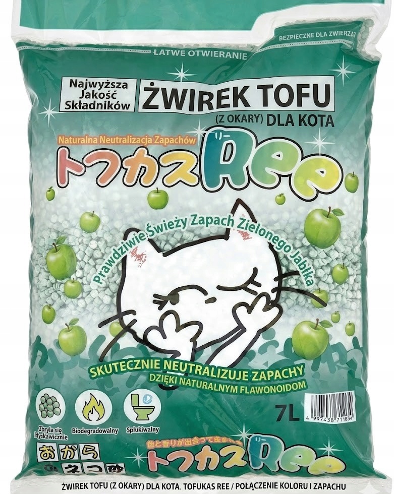 Żwirek Dla Kota Z Tofu Zapach Jabłka Japoński , Naturalny, Ekologiczny 7L
