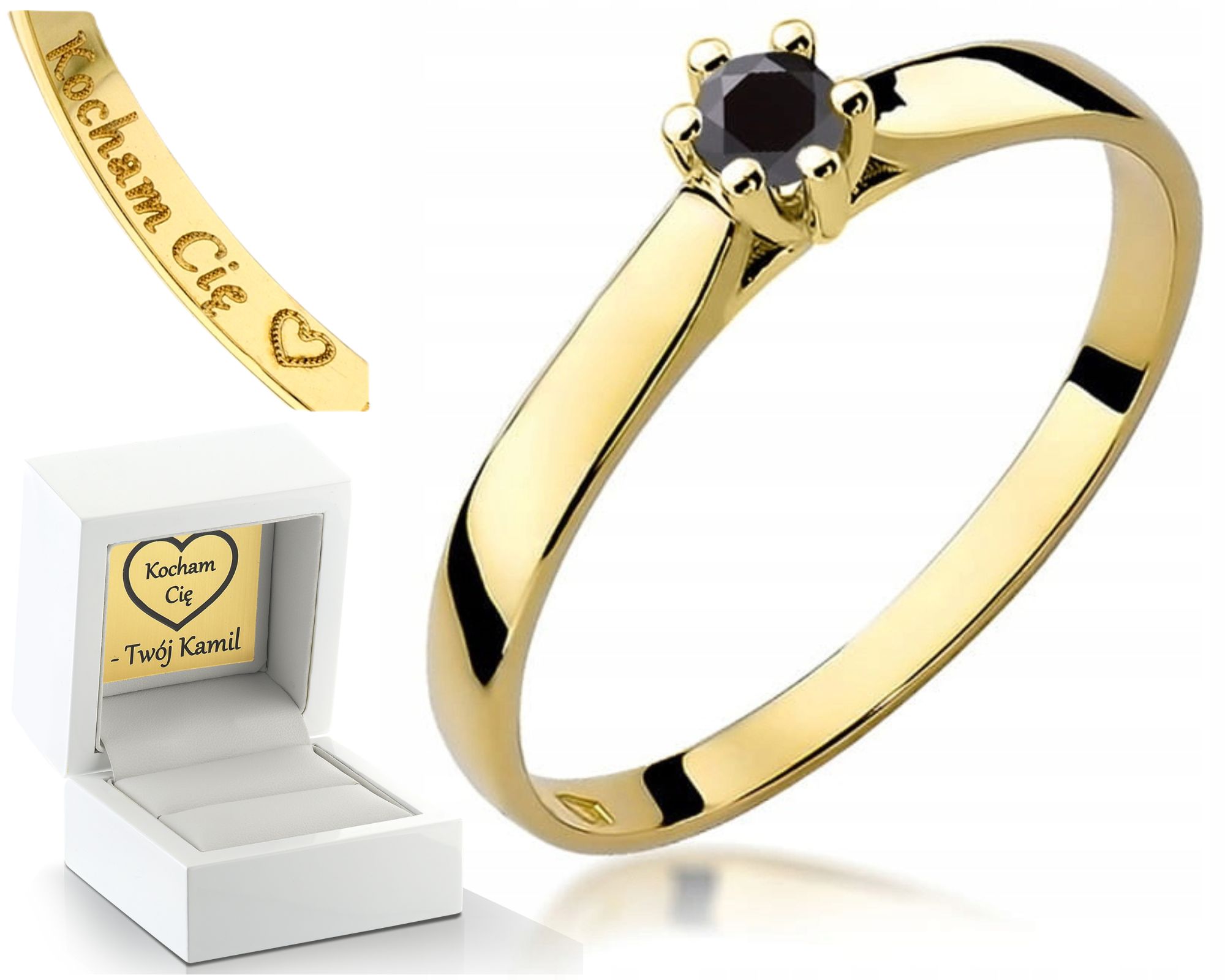 Zlatý Prstýnek Na Zásnuby Černý Briliant Gravírování 585 Bonus Dárek