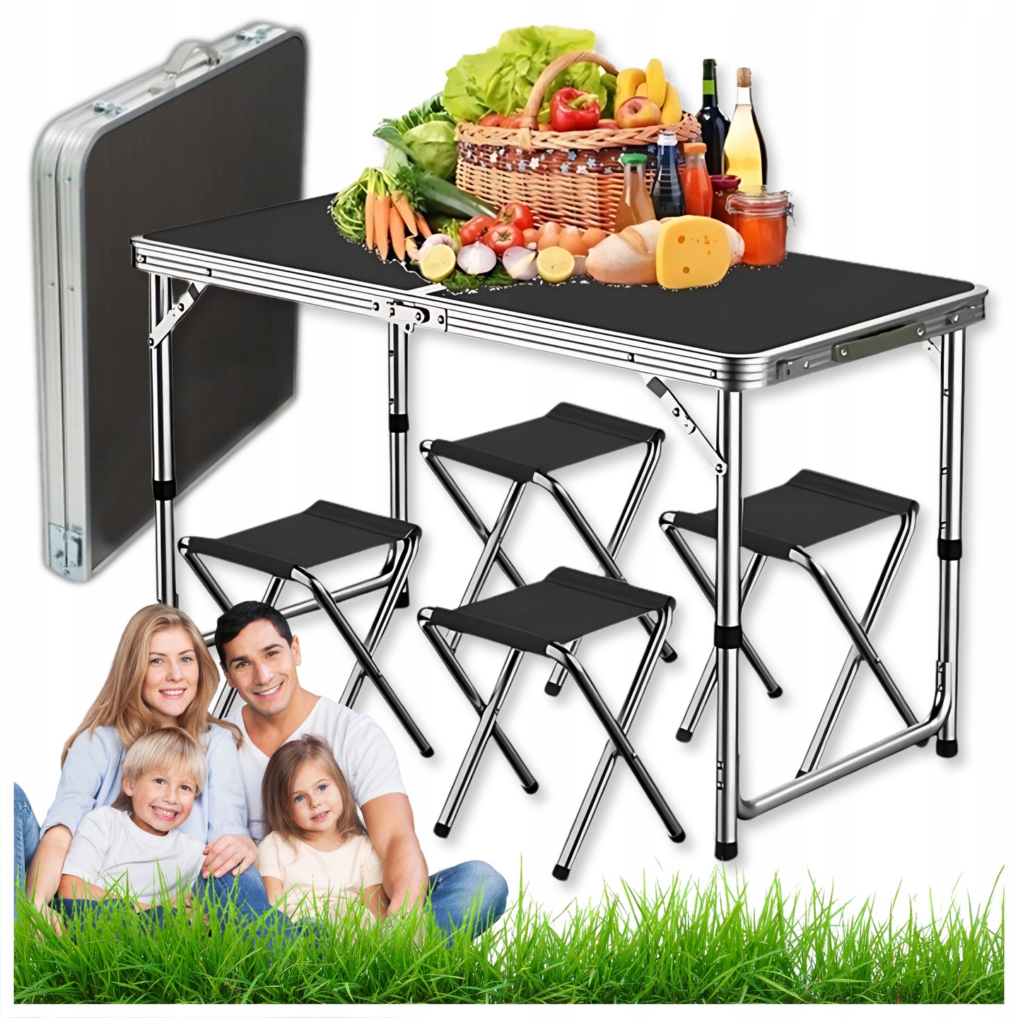 Turistický kempingový stůl Skládací stůl Velký set 4 židlí Kufr