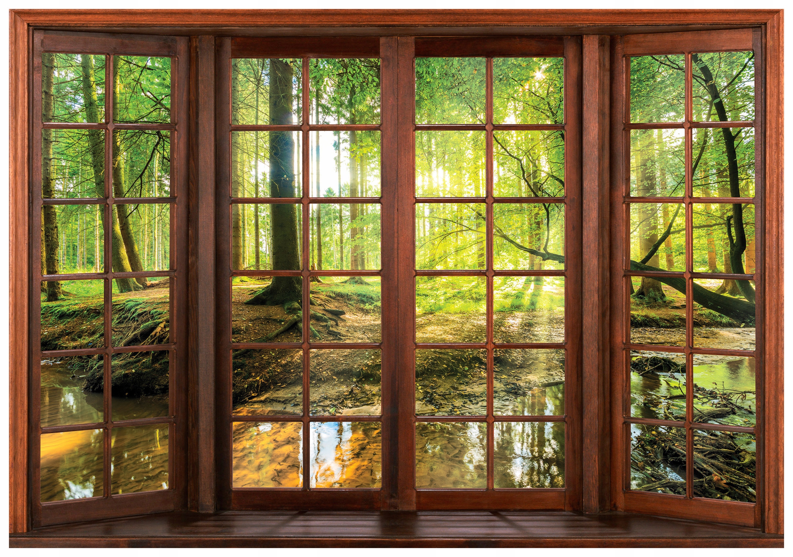 Vliesová fototapeta Okno do lesa s potokem a mechem 254x184 mech lepidlo