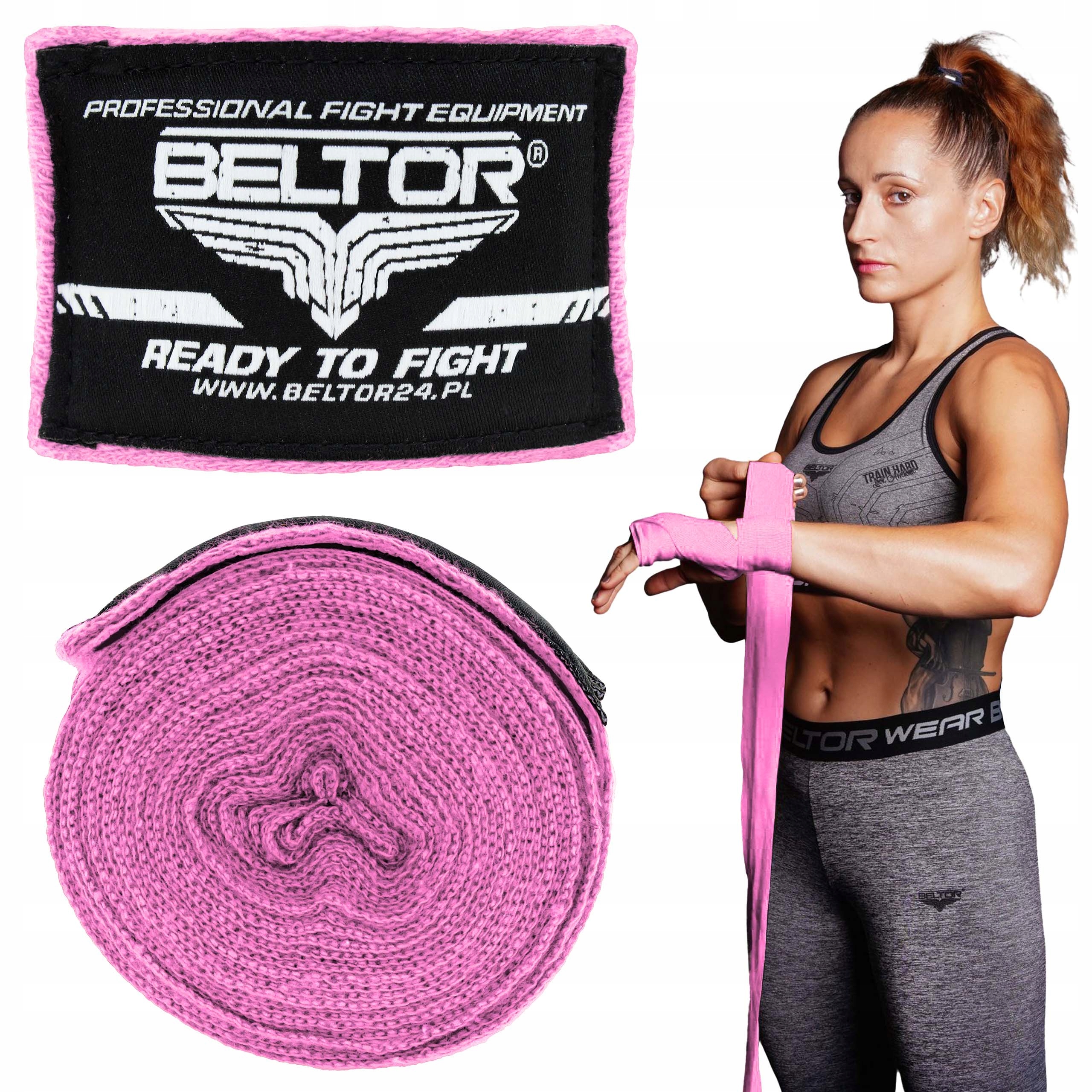 BELTOR OWIJKI BOKSERSKIE ELASTYCZNE 3M BANDAŻE TAŚMY TRENINGOWE RÓŻOWE