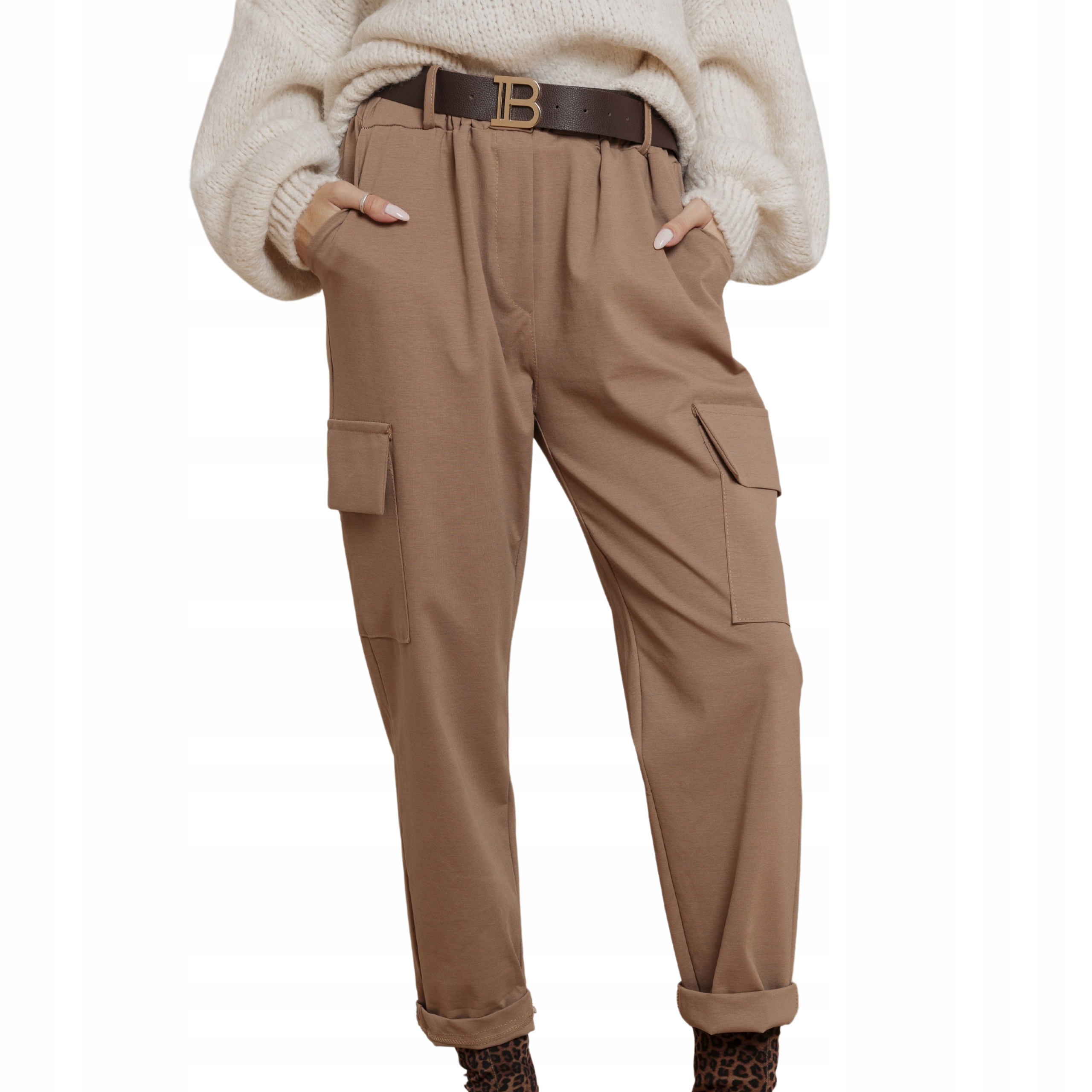 Dámské kalhoty baggy cargo elastické kapsáče na gumě pásek béžová Uni