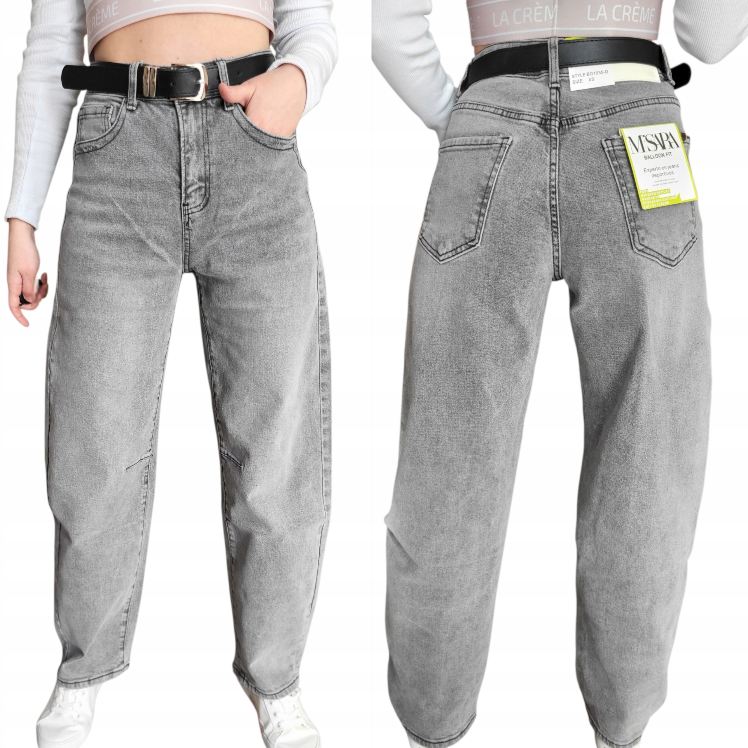 M.sara jeansy spodnie Balloon Fit wysoki stan szerokie nogawki szare M/38