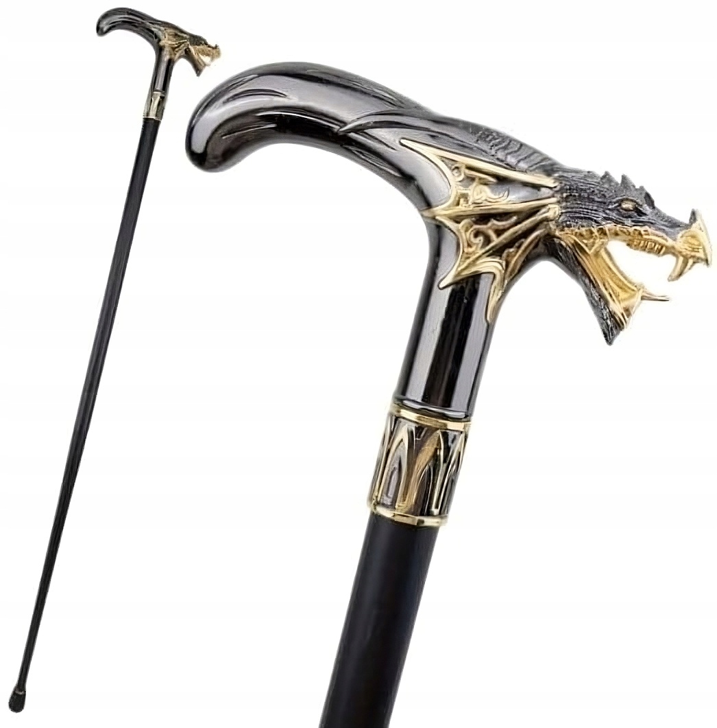 Laska metalowa ozdobna Smok Czarno-złota męska laska z nakładką