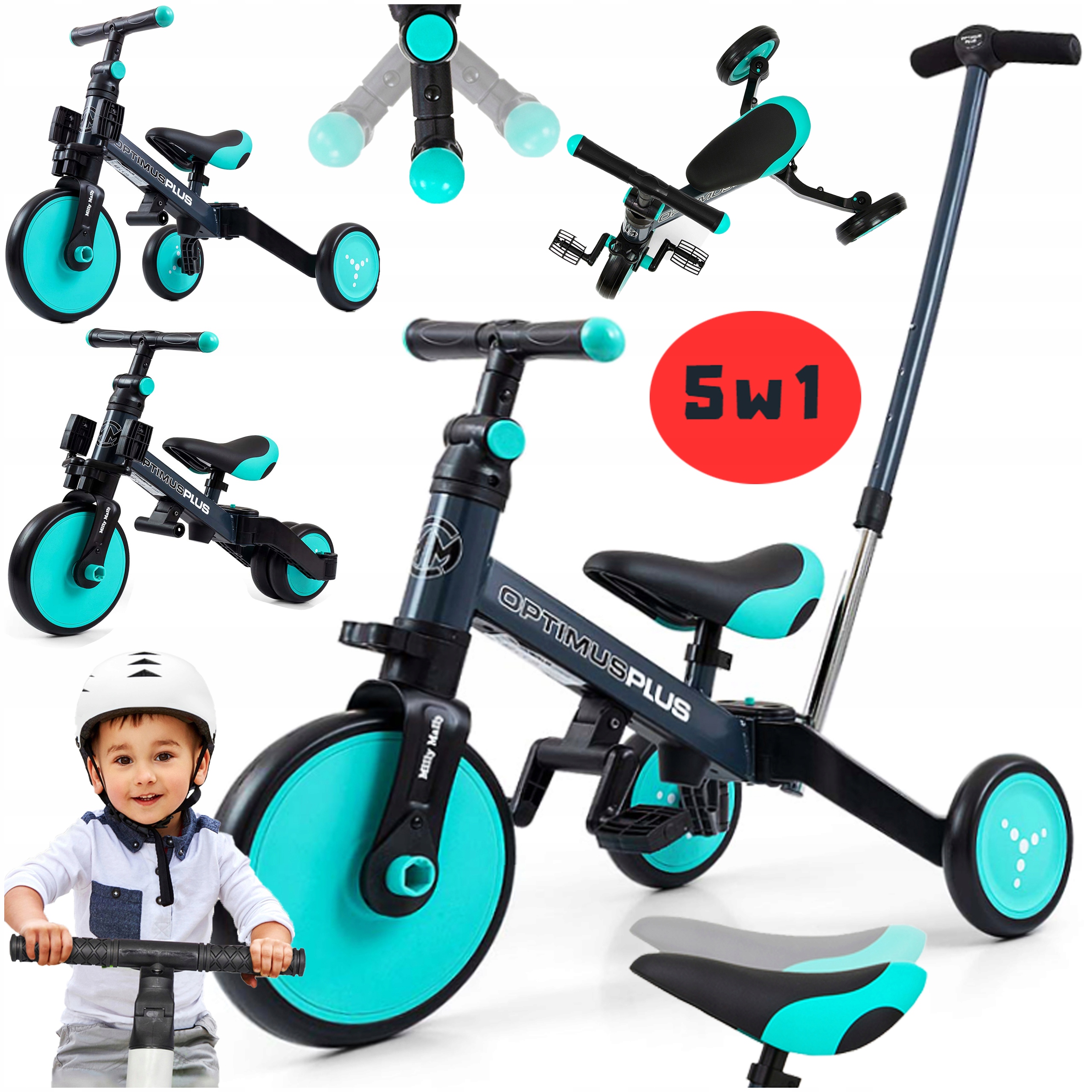 Rowerek Dziecięcy Trójkołowy Biegowy Jeździk Pchacz 5w1 Opony Eva Regulacja