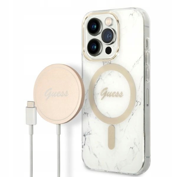 Sada Guess GUBPP14LHMEACSH Case+ Charger pro iPhone 14 Pro 6,1", bílá/bílá