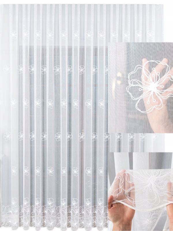 Záclona málo náchylná na záhyby z etaminu vyšívaná s páskou o rozměrech 320 x 160