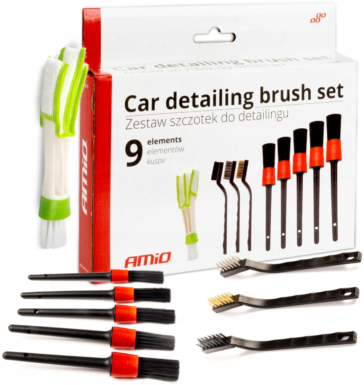 ZESTAW DETAILINGOWY DO CZYSZCZENIA WNĘTRZA SAMOCHODU pędzle szczotki AMiO