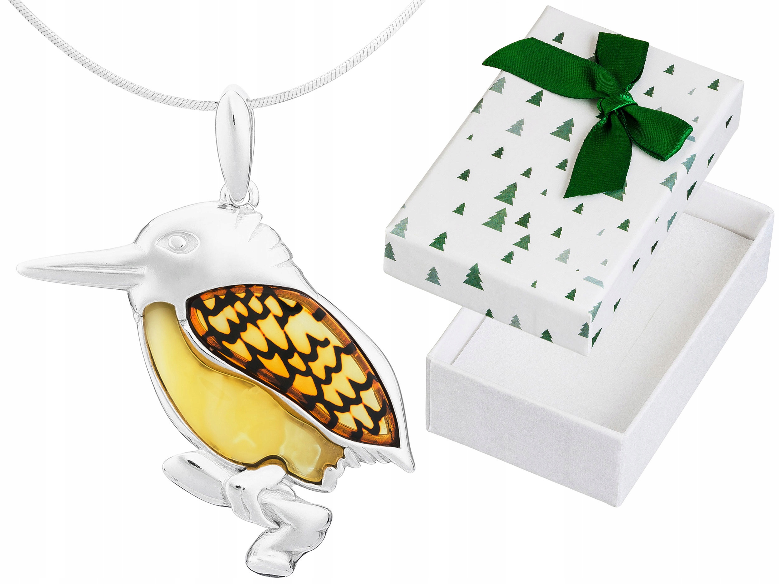 Krátký Stříbrný Dámský Náhrdelník Velký Pták Ledňáček s Jantarem Choker 35