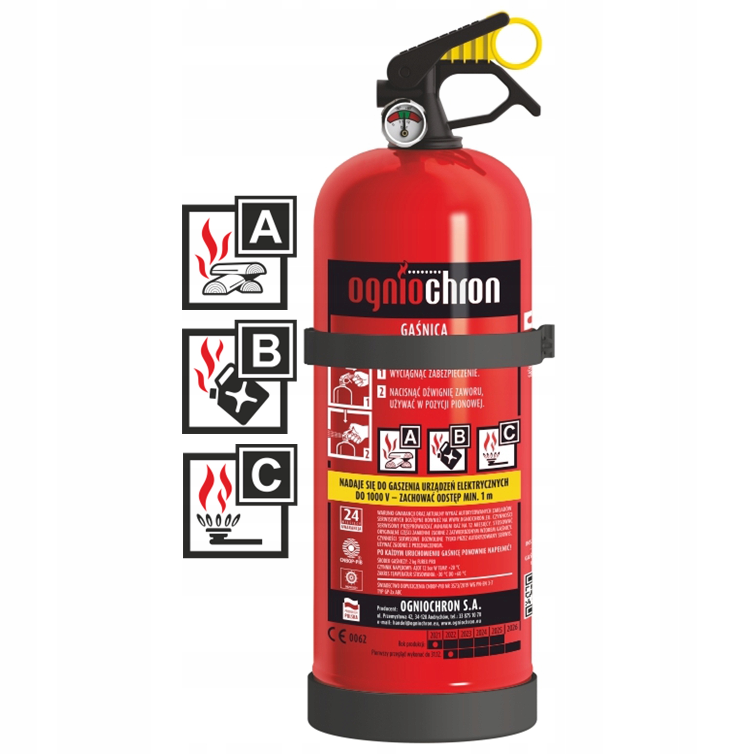 GAŚNICA PROSZKOWA SAMOCHODOWA 2KG ABC MANOMETR WIESZAK OGNIOCHRON 2024 Producent Ogniochron