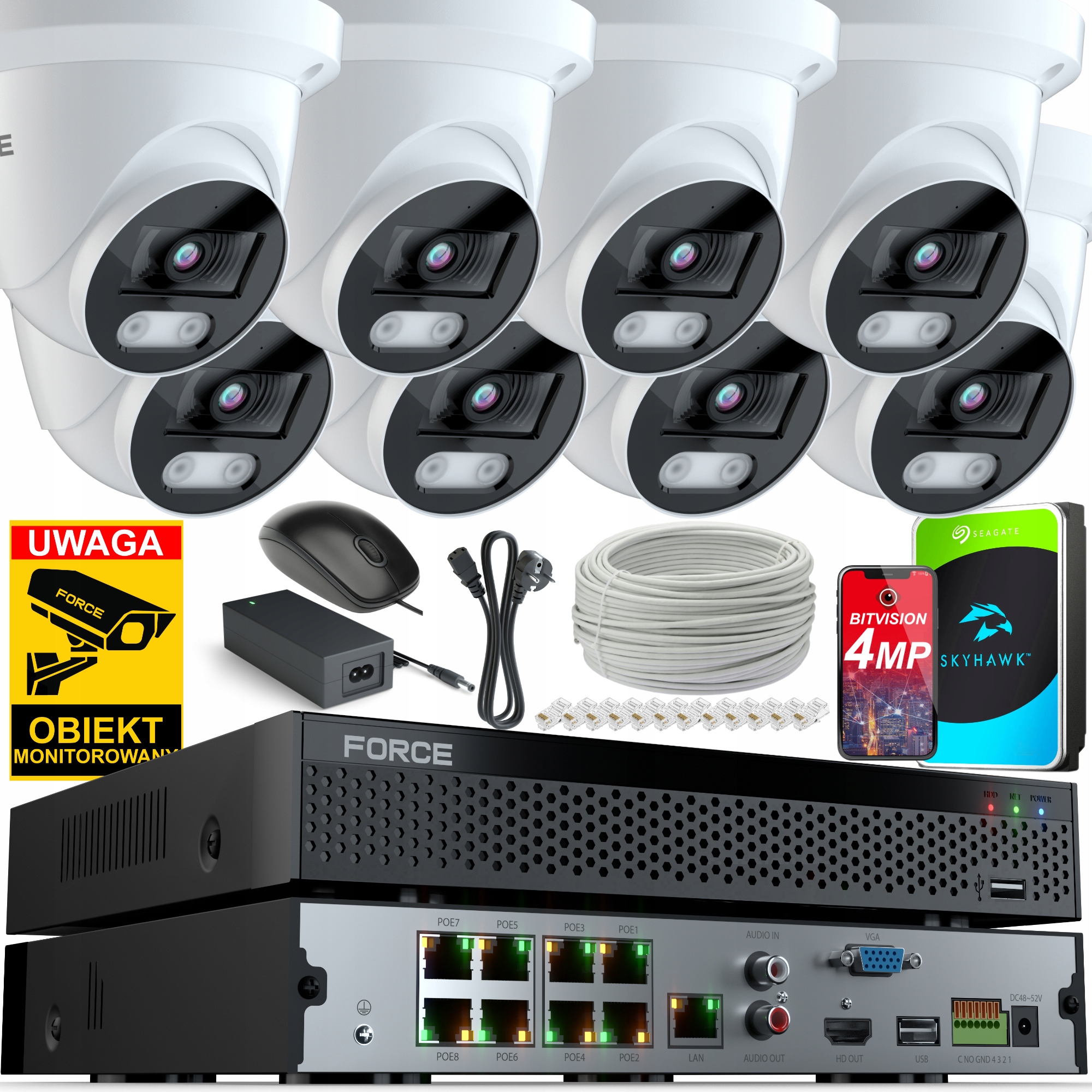 Force Monitorovací sada 8x Ip kamera 4MPx 2K, 1TB Disk, Poe Rekordér