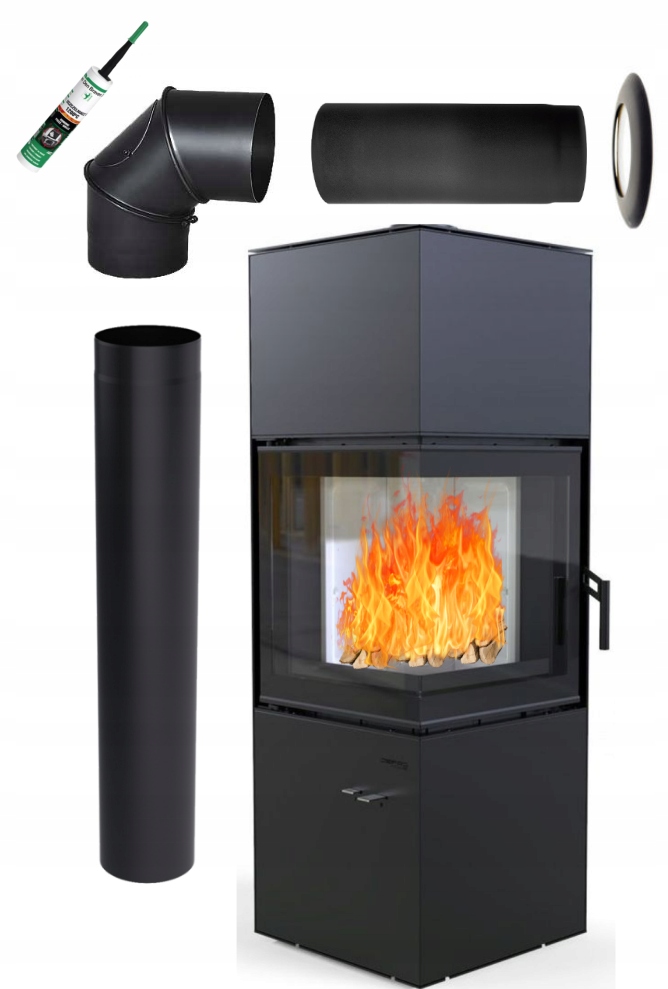 Piecyk Defro Quadroom 9,6 kW koza kominek zestaw do montażu rury stalowy