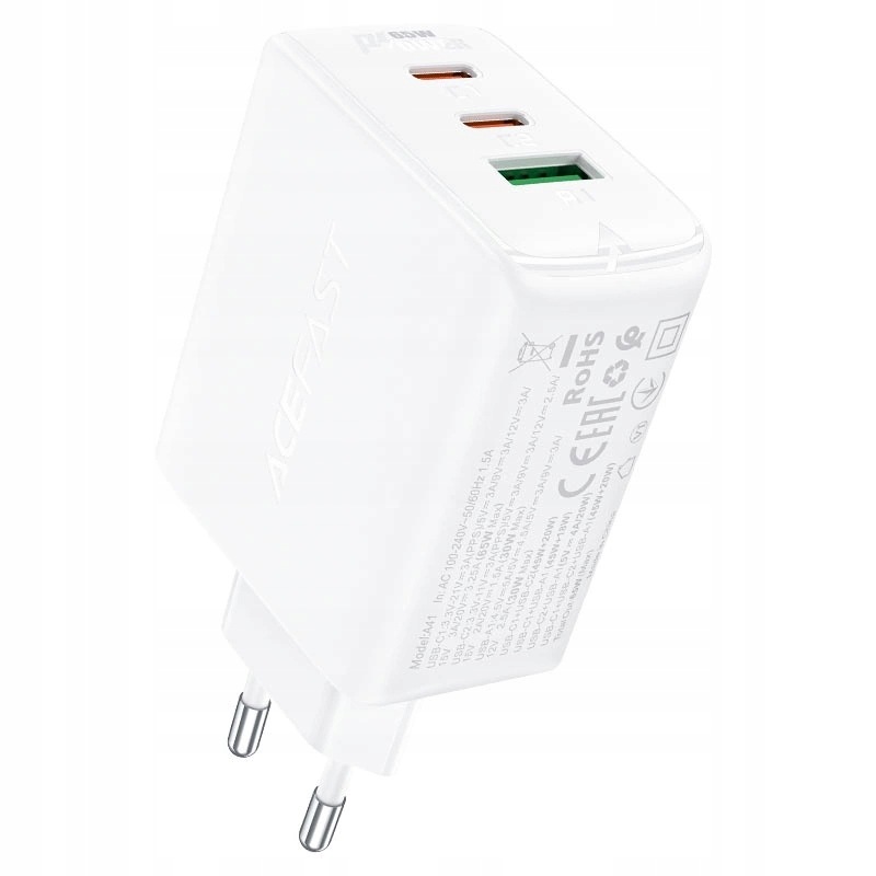 Acefast A41 ładowarka sieciowa GaN 65W, 2x Usb-c Usb-a, biała