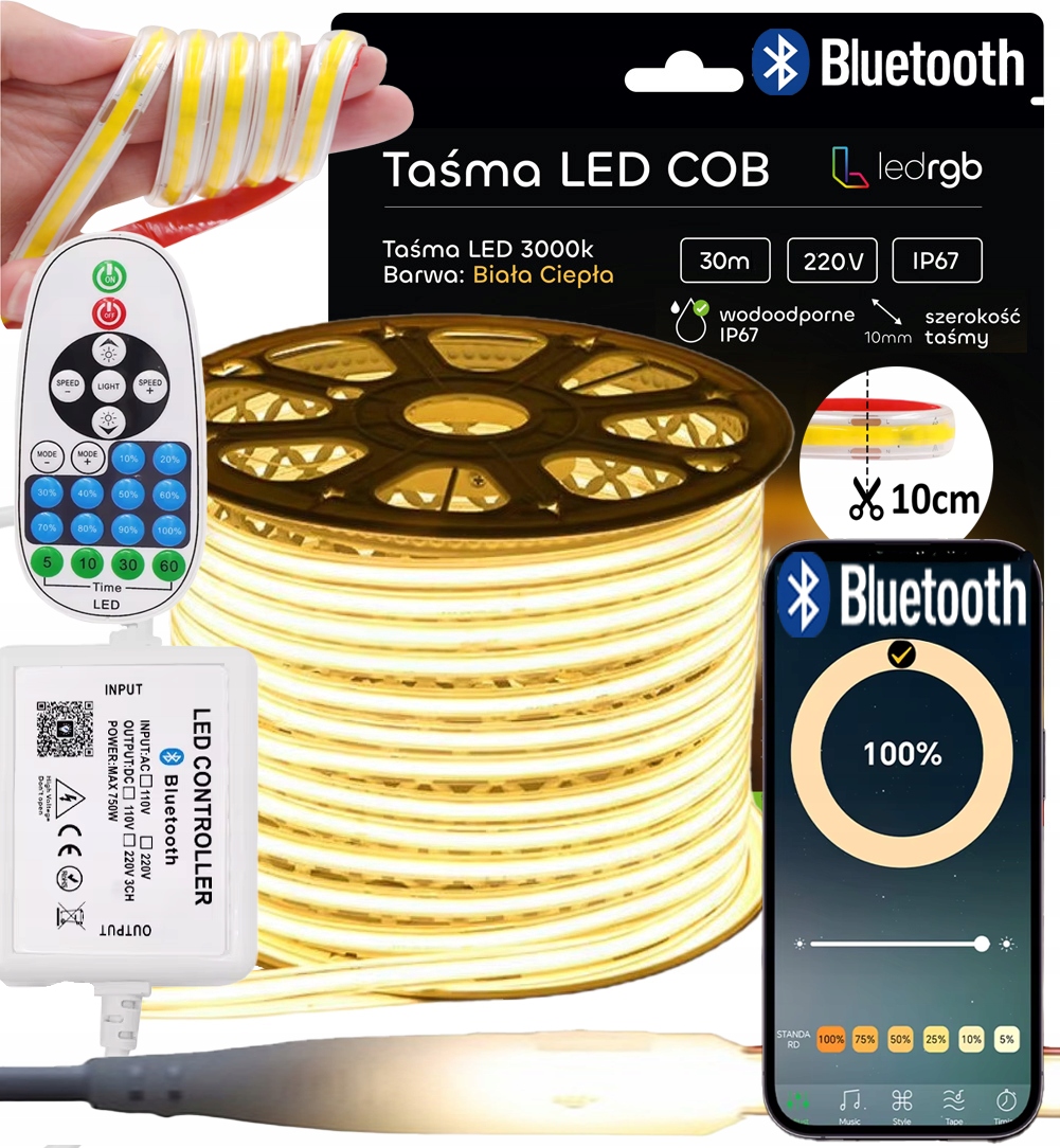 Set Led Pásek Cob 30 m 230 V Bílý Teplý 3000 K Řezaný Každých 10 CM Bluetooth