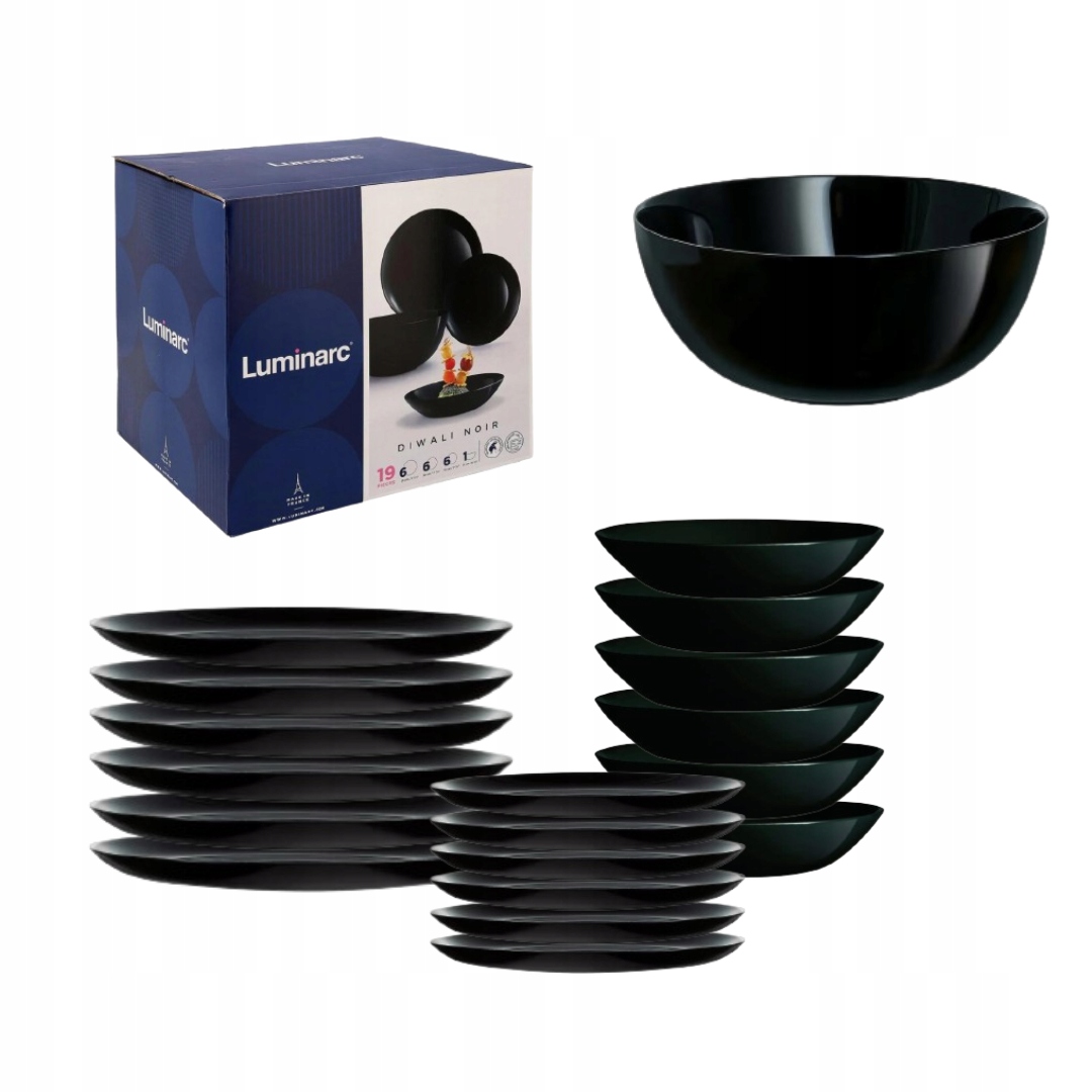 Komplet talerzy DIWALI czarny zestaw 19el SERWIS OBIADOWY 6 osób LUMINARC