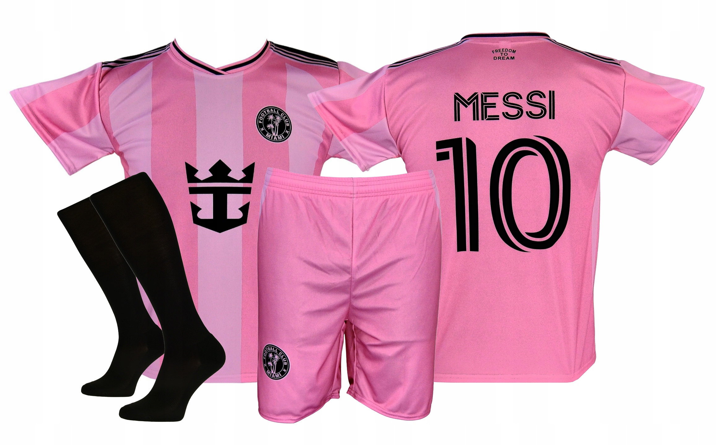 Messi strój piłkarski sportowy koszulka spodenki getry Róż rozmiar 122