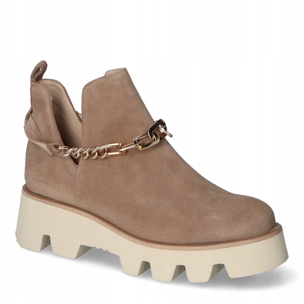 Béžové kotníkové boty s tlustou podrážkou typu traper, vykrojený bok, Karino 37