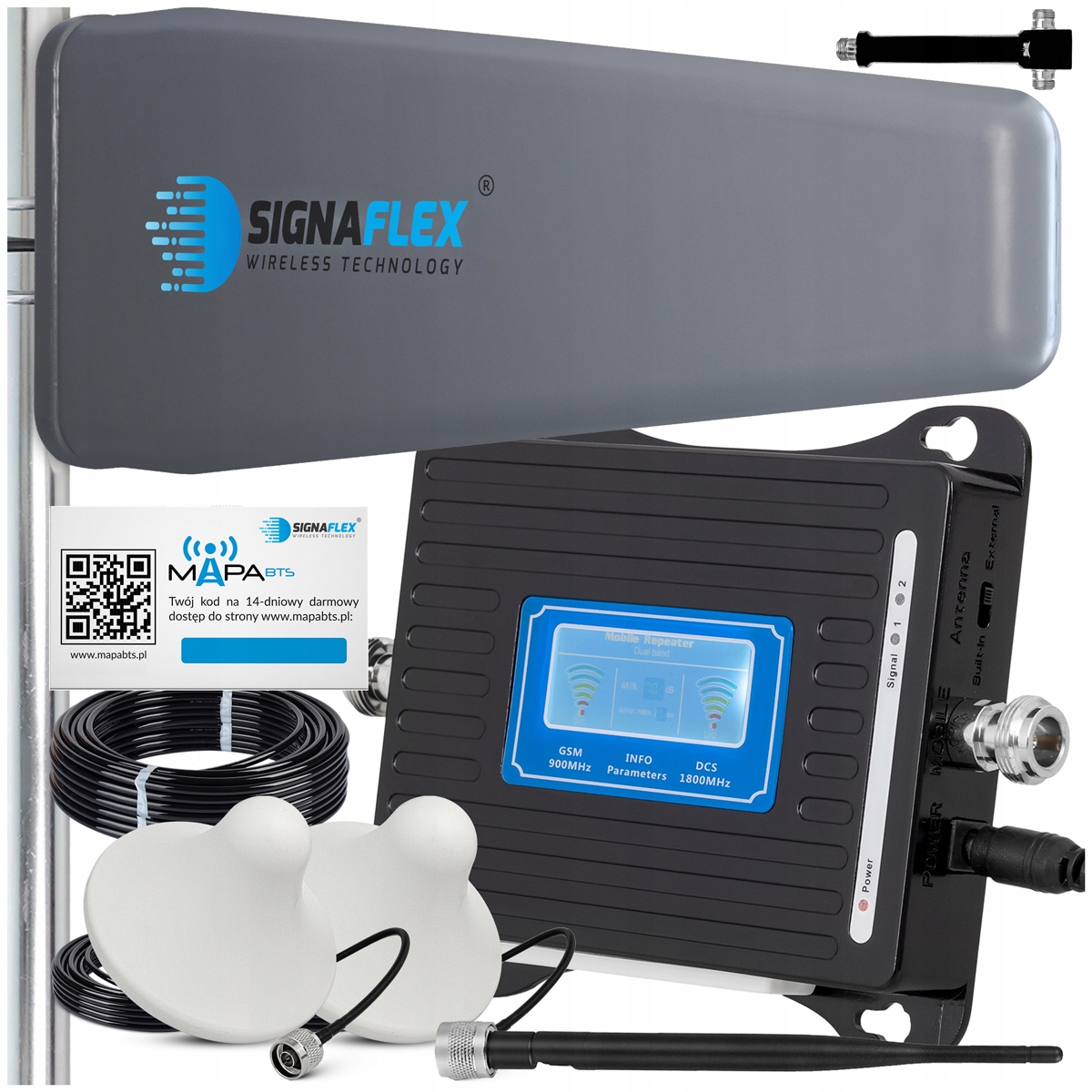 ZESTAW WZMACNIACZ 65dBi SYGNAŁU TELEFONU GSM INTERNETU 4G LTE + ANTENY 10m