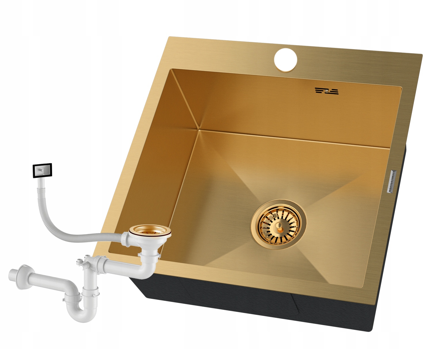 Oceľový Jednokomorový Drez Štvorcový Zlatý Kuchynský Sifón BARI50