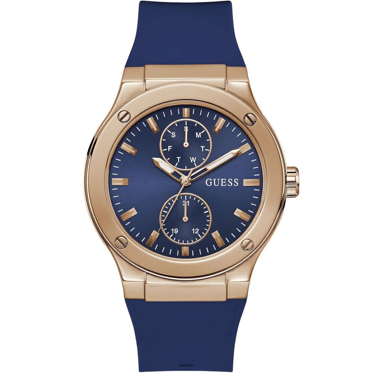 Růžovozlaté pánské hodinky Guess Jet s tmavě modrým řemínkem GW0491G4