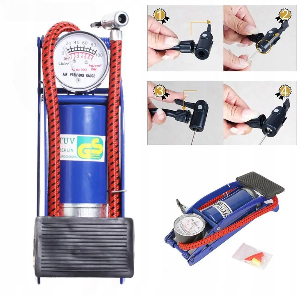 POMPKA NOŻNA start ROWEROWA SAMOCHODOWA KOŃCÓWKI Z MANOMETREM 7 BAR TUV Marka GMP