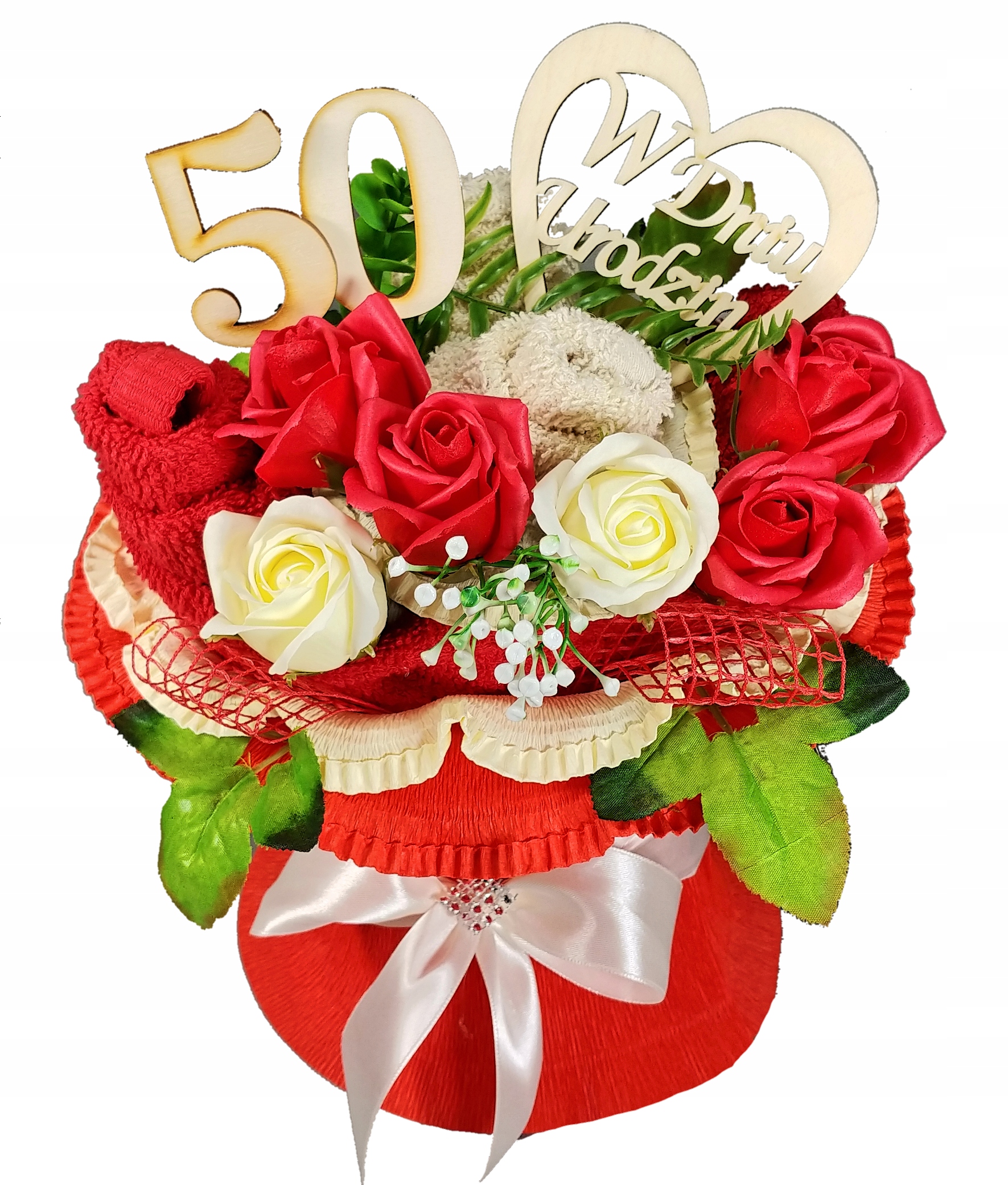 na Urodziny Duży Pachnący Bukiet z ręczników i róże mydlane