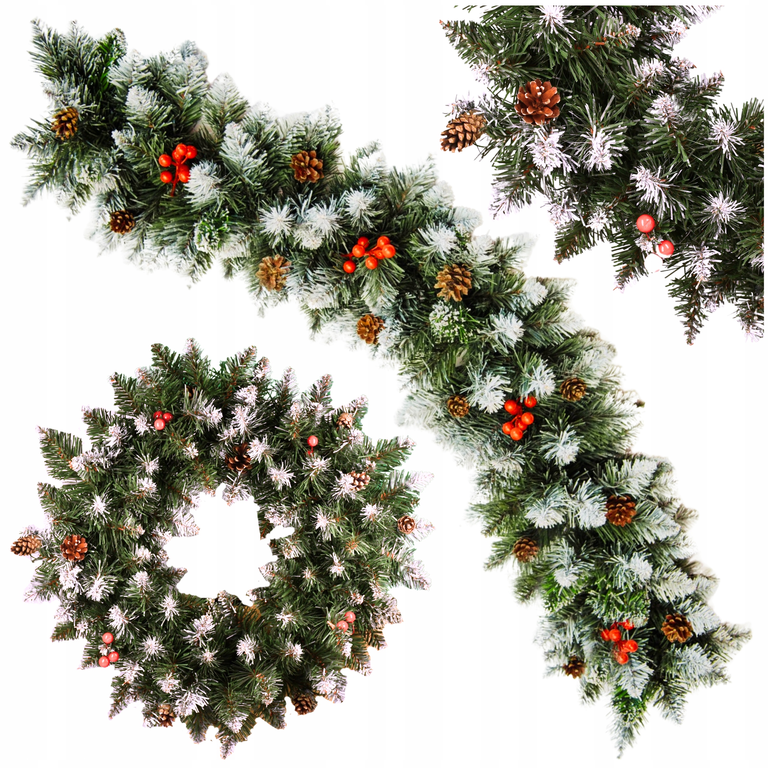 Umělá Girlanda Zdobená Vánoční Šišky Jeřabina Hustý Řetěz 1M