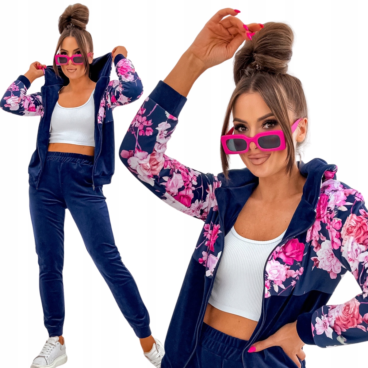 Velurová tepláková souprava rozepínací mikina s květinami 8210, tmavě modrá, velikost XL