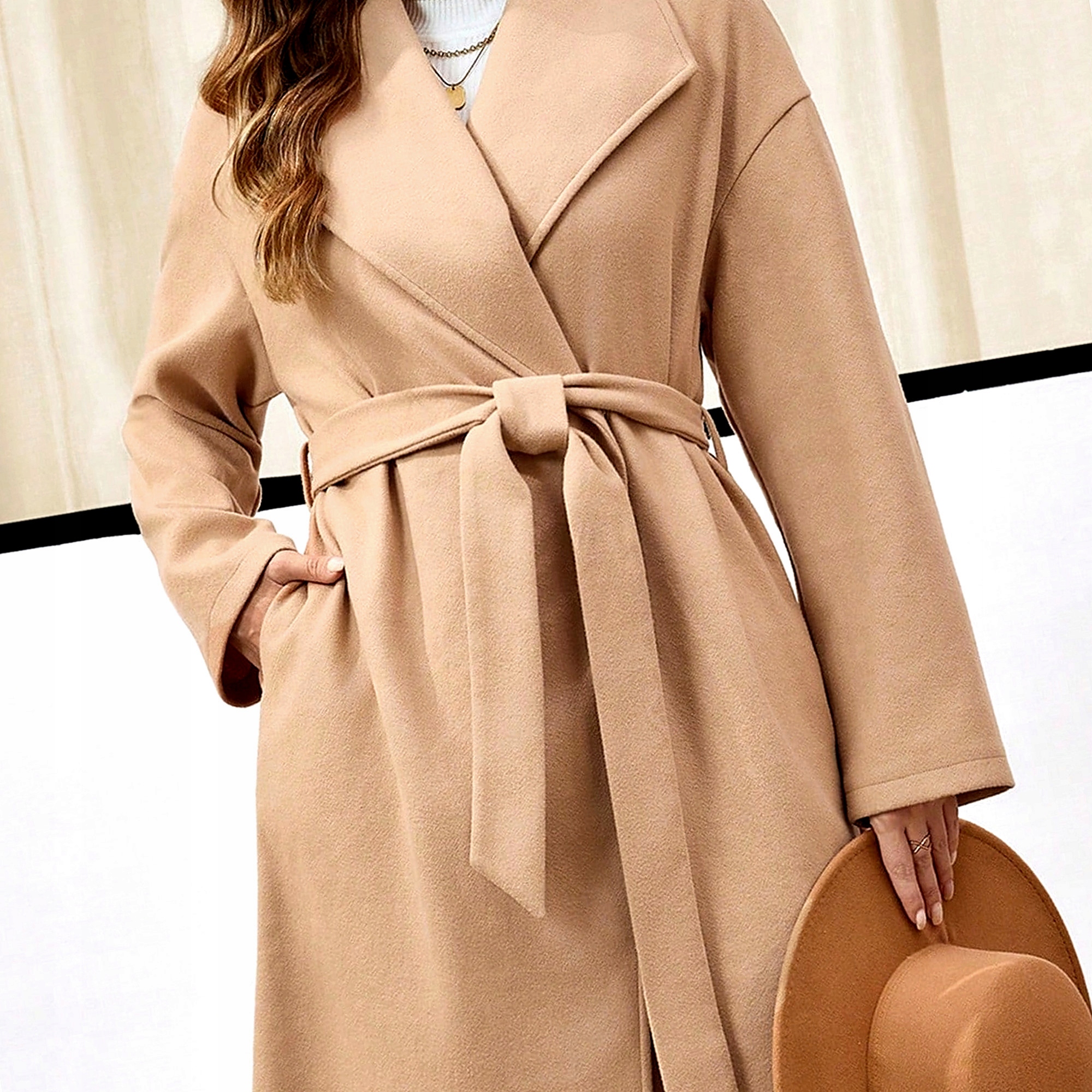 Dámský kabát s páskem Basic Stylový každodenní za koleno M 38