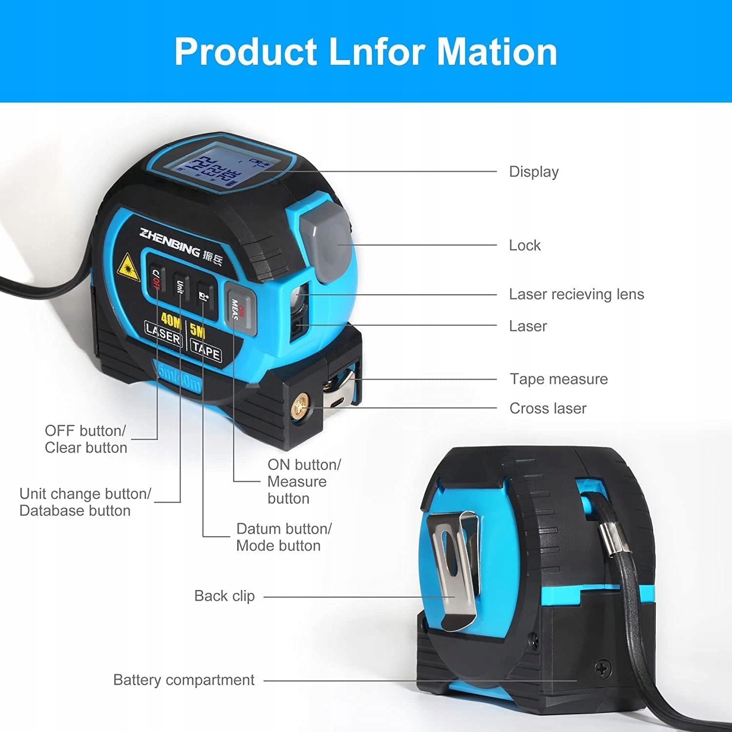 WINTAPE Laserowy Metr 3w1 z Dużym Wyświetlaczem LCD 40M 5M 131ft — miniatura 2